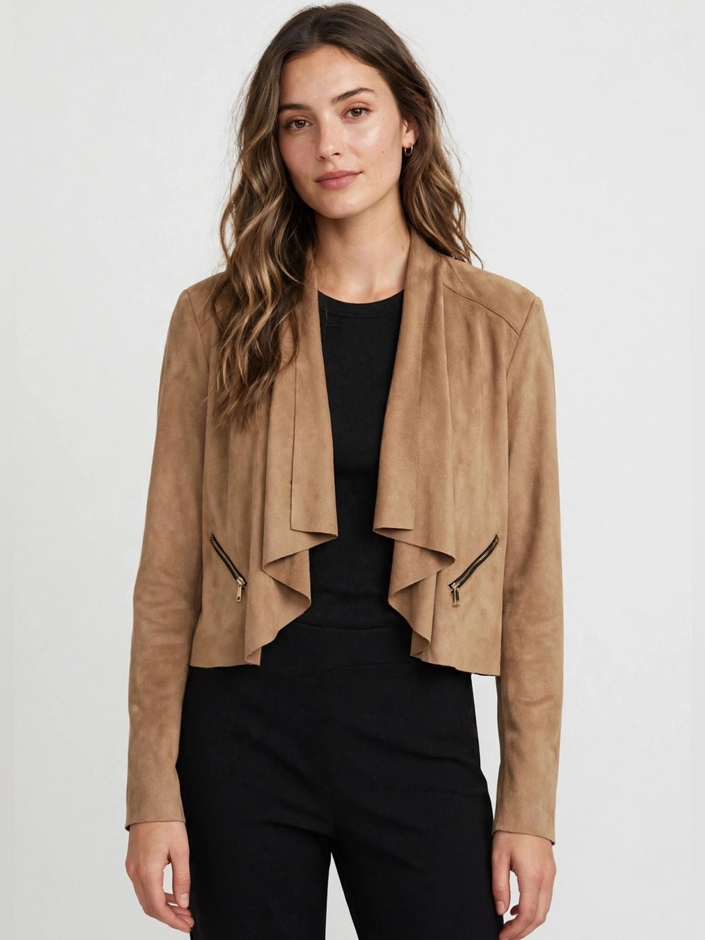 Bar III Faux Suede Jacket Waterfall Cropped Walnut Light Tan Zip Moto Medium NWT